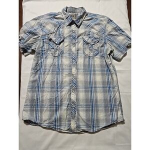 BKE Mens XL Athletic Fit Cotton Blue Gray Plaid Short Sleeve Southwestern Shirt